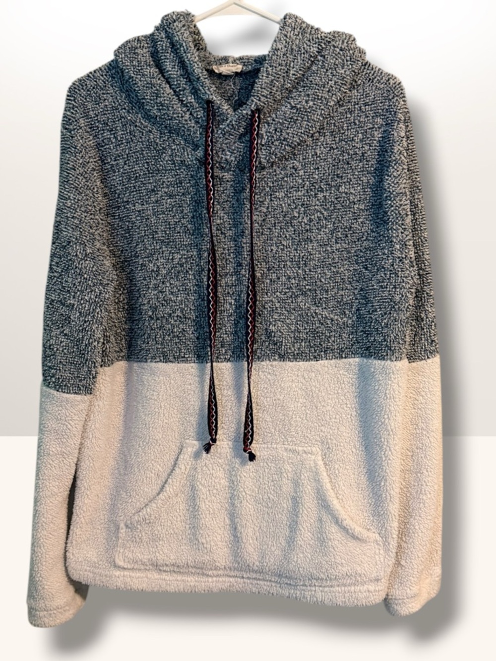 Hem & Thread Plush Two-Tone Sherpa Hoodie in Gray and Cream